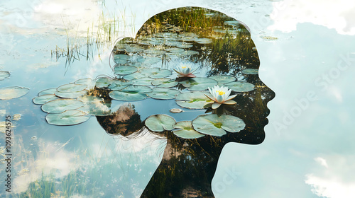 Silhouette of a woman head with blooming water lilies in pond,  symbolizing calm mental state, healthy mind and positive emotions