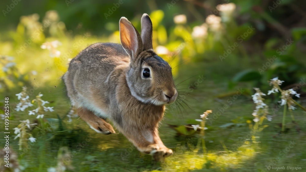 Fototapeta premium Hare in the meadow: A European hare bounds through a sunlit meadow, captured mid-stride. this image encapsulates the energy of a free spirit, offering a vibrant look into the wildlife world