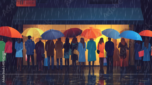 Shoppers standing outside with umbrellas in line on a rainy Black Friday morning, Black Friday, vector illustrations