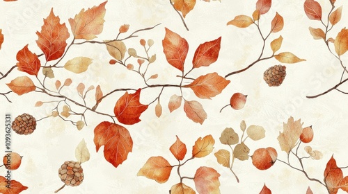 Seamless pattern of autumn leaves, branches, and berries. Watercolor illustration on a white background