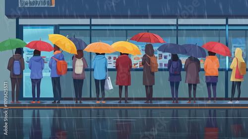 Shoppers standing outside with umbrellas in line on a rainy Black Friday morning, Black Friday, vector illustrations