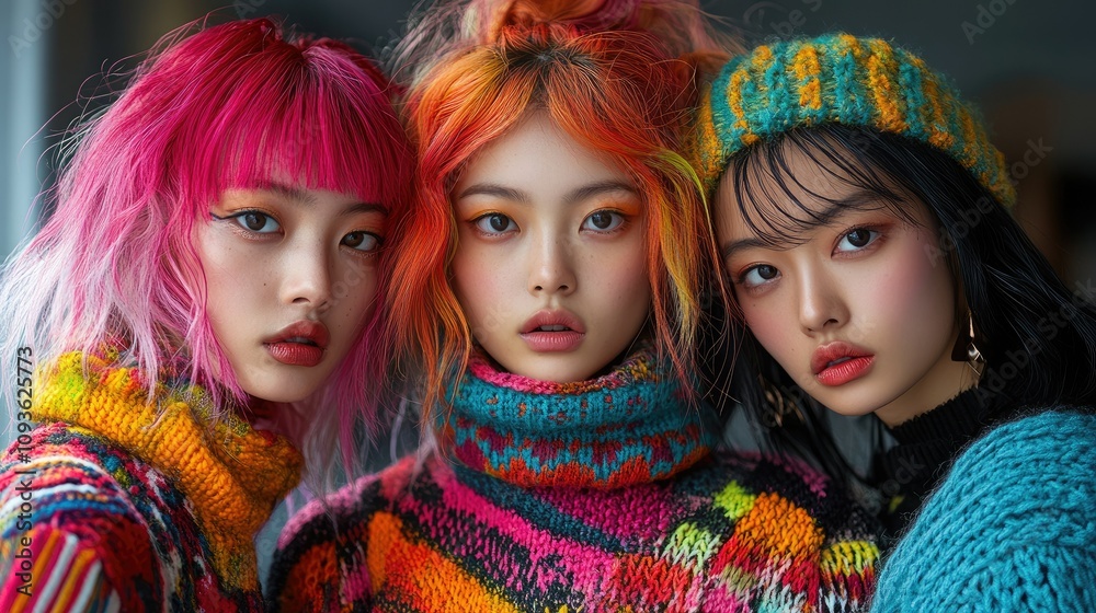 Three young women with vibrant hair and colorful sweaters pose together in a cozy setting. Three young women with vibrant hair and colorful sweaters pose together in a cozy setting.