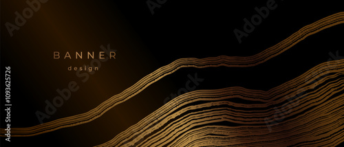 Luxury golden banner with wood annual rings texture. Background with shiny tree ring pattern. Stamp of tree trunk in section. Natural wooden concentric circles. Black and bronze gold background