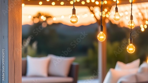 Gentle string lights on a pergola, adding charm to outdoor seating