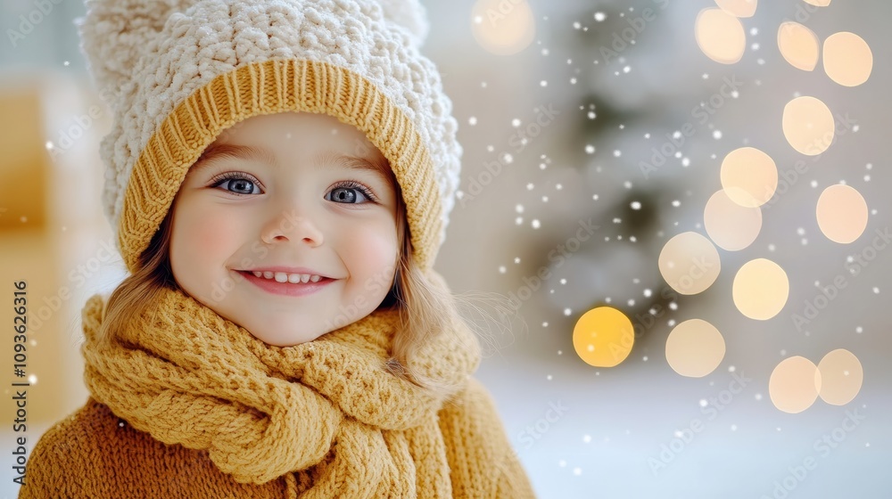 Child in a Knitted Hat with Falling Snowflakes Child in a Knitted Hat with Falling Snowflakes