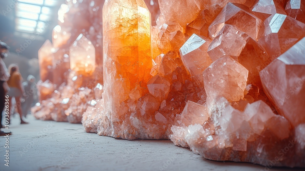 Enormous orange crystals sparkling in sunlight at an exhibition Enormous orange crystals sparkling in sunlight at an exhibition