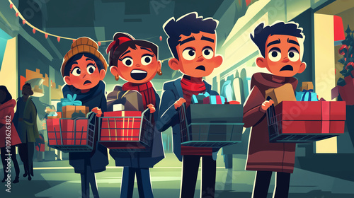 Animated-style characters with carts and items in hand, eagerly waiting for doors to open, Black Friday, vector illustrations