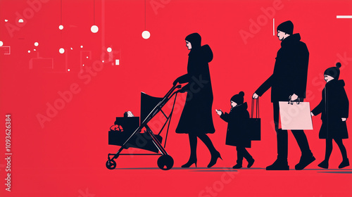 A family in line with a baby in a stroller and shopping lists in hand, Black Friday, vector illustrations