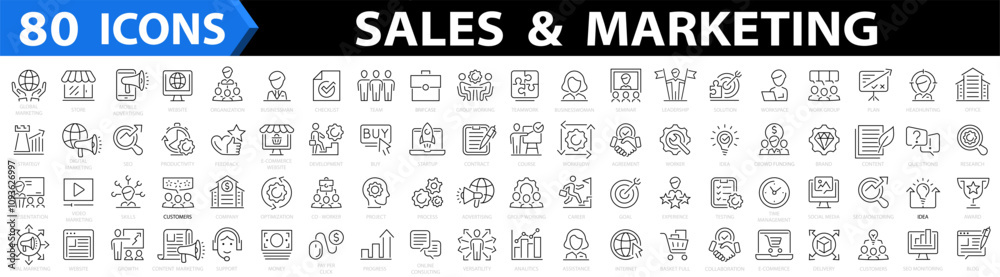 Sales BIG icon set. Marketing 80 icons. Search Engine Optimization. Management, seo, target, ad, analytics etc and more. Solid icon collection. Business successful concept. Vector illustration Sales BIG icon set. Marketing 80 icons. Search Engine Optimization. Management, seo, target, ad, analytics etc and more. Solid icon collection. Business successful concept. Vector illustration