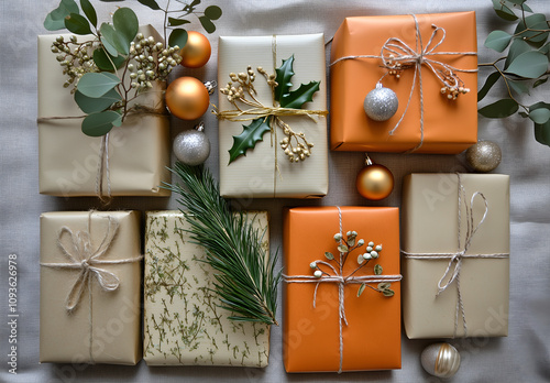 A flat lay of handmade Christmas gifts wrapped in eco-friendly gold, beige, and orange paper, adorned with greenery, holly, and twine, complemented by golden and silver ornaments for  holiday