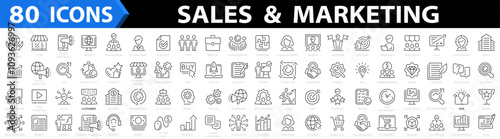 Sales BIG icon set. Marketing 80 icons. Search Engine Optimization. Management, seo, target, ad, analytics etc and more. Solid icon collection. Business successful concept. Vector illustration
