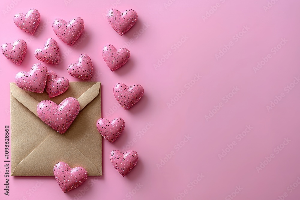 Obraz premium Pink Glitter Hearts Scattered Around a Brown Envelope on Pink Background