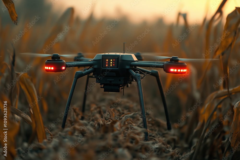 Exploring agricultural fields with a high-tech sensor-equipped drone at dusk Exploring agricultural fields with a high-tech sensor-equipped drone at dusk