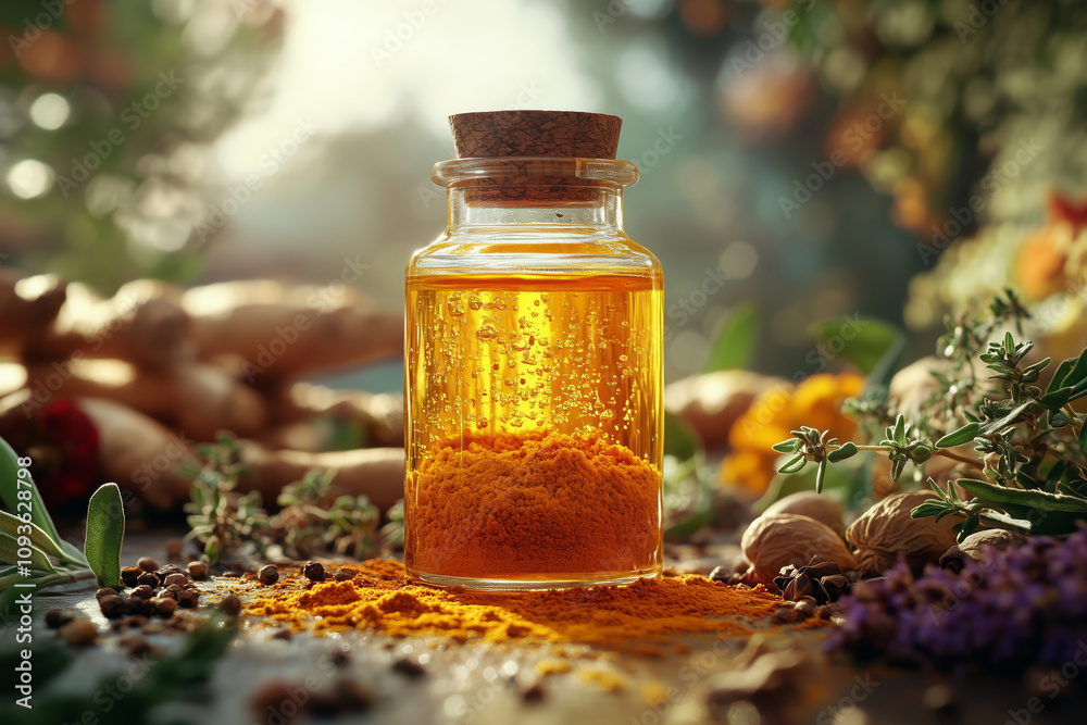 Golden turmeric elixir resting amidst vibrant herbs and spices Golden turmeric elixir resting amidst vibrant herbs and spices