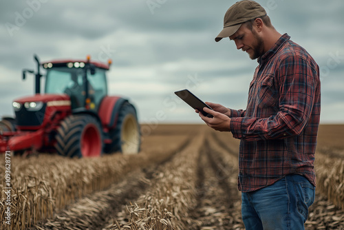 Farmer using tablet to monitor crop growth on a sunny day