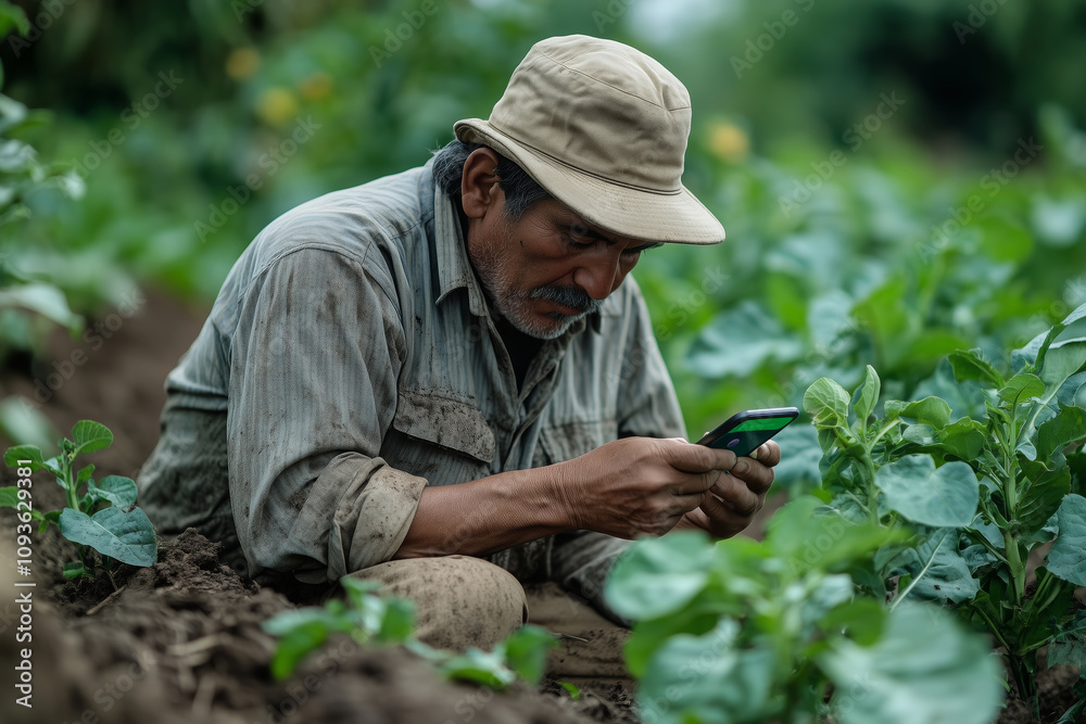 Farmer checks smartphone app for crop updates in lush fields Farmer checks smartphone app for crop updates in lush fields