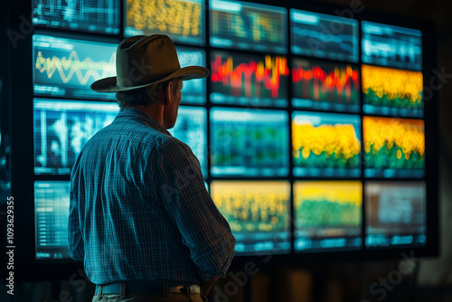 Farmer analyzes big data trends on large screens in modern technology hub