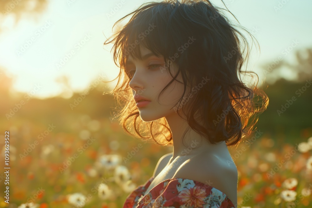Teenage girl with trendy wolf cut stands in sunlit meadow. Floral dress. Wildflowers. Summer fashion photo. Editorial fashion portrait. Beauty portrait. Natural light. Beautiful outdoors. Summer Teenage girl with trendy wolf cut stands in sunlit meadow. Floral dress. Wildflowers. Summer fashion photo. Editorial fashion portrait. Beauty portrait. Natural light. Beautiful outdoors. Summer