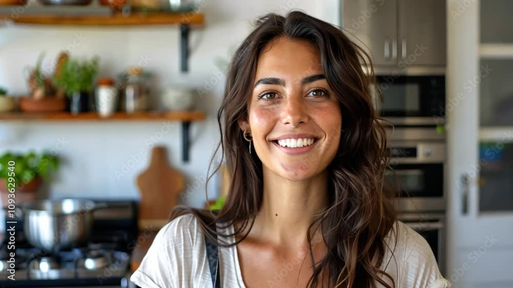 A woman stands in a cheerful kitchen, showcasing her long, wavy hair and bright smile. The space is decorated with plants and cooking items, exuding a lively atmosphere. A woman stands in a cheerful kitchen, showcasing her long, wavy hair and bright smile. The space is decorated with plants and cooking items, exuding a lively atmosphere.