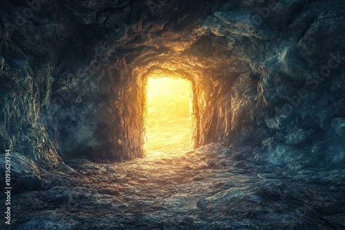 Abstract and surrealistic image of cave with light. revelation and open the door, Holy Bible story concept photo