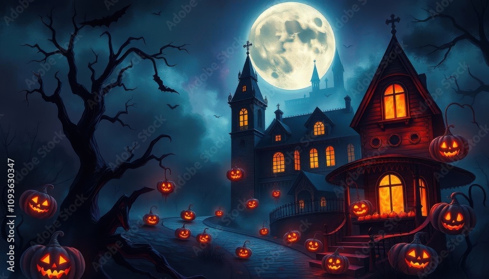 a dark halloween night with a castle and pumpkins a dark halloween night with a castle and pumpkins