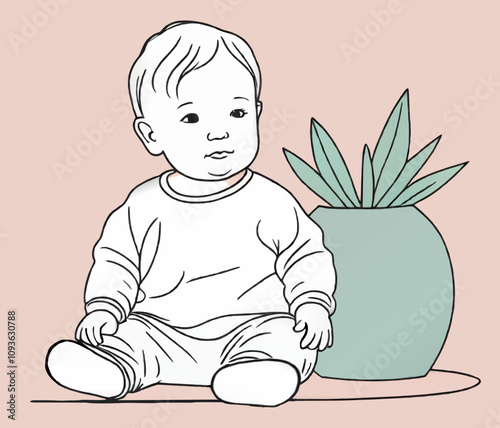 baby toddler in front of flower pot cartoon vector illustration