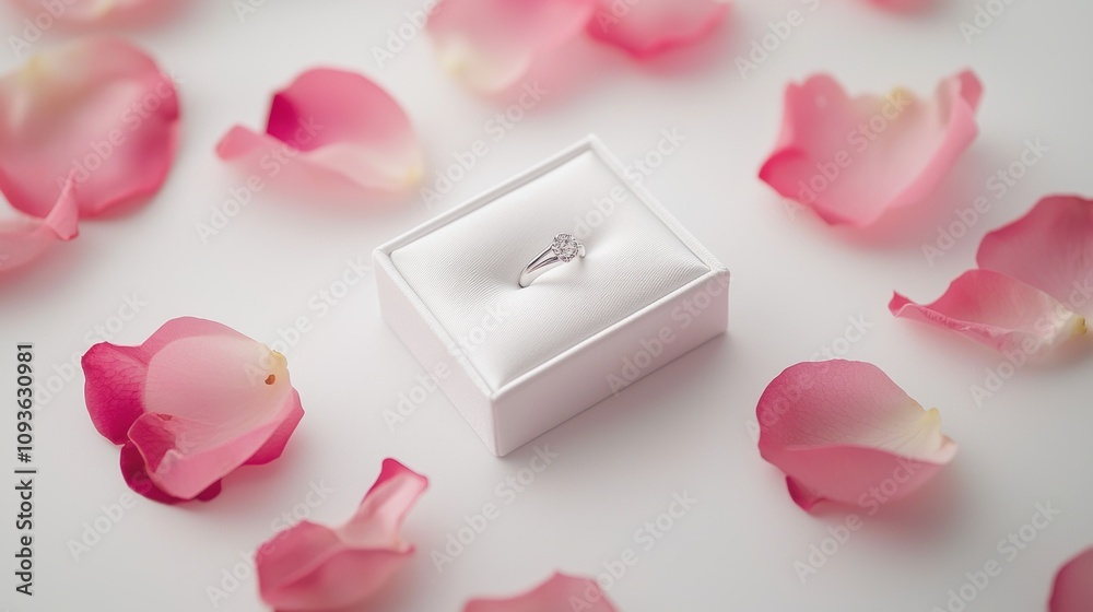 Minimalist white velvet ring box with a silver engagement ring, surrounded by soft pink rose petals on a clean white background, emphasizing elegance and simplicity. Minimalist white velvet ring box with a silver engagement ring, surrounded by soft pink rose petals on a clean white background, emphasizing elegance and simplicity.