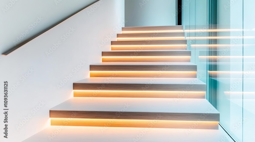 Fototapeta premium Subtle LED strips on floating stairs, stylish and safe lighting solution
