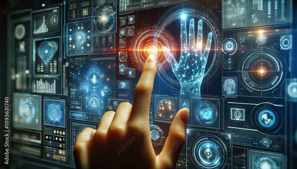 A hand touches a high-tech screen filled with holographic data, biometric scans, and digital interfaces. A hand touches a high-tech screen filled with holographic data, biometric scans, and digital interfaces.