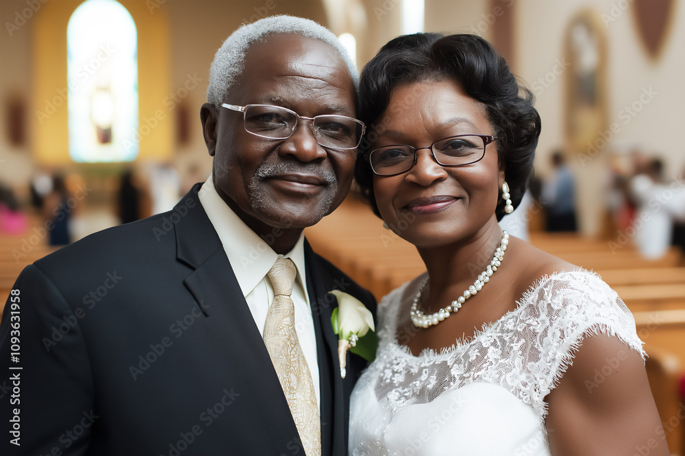 Older African-American couple celebrating wedding or vow renewal in church ceremony