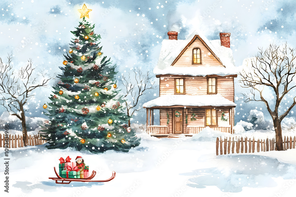 A snowy winter landscape featuring a decorated Christmas tree and a charming house.
