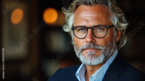 mature man with curly gray hair and a well-groomed beard stands confidently indoors. He wears glasses and a dark blazer, showcasing a subtle smile in an ambient setting with warm lighting