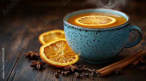 Blue Ceramic Mug of Spiced Orange Tea with Cinnamon & Star Anise on Rustic Table