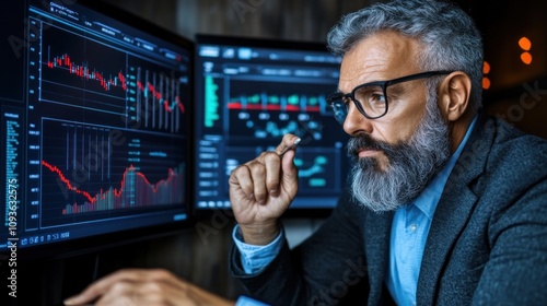 financial analyst examines stock market trends on multiple screens while working late in a contemporary office