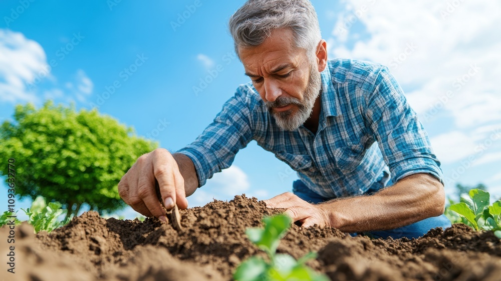 Fototapeta premium Environmental scientist analyzing soil samples in a field, representing the effort to address soil pollution and environmental health through scientific solutions