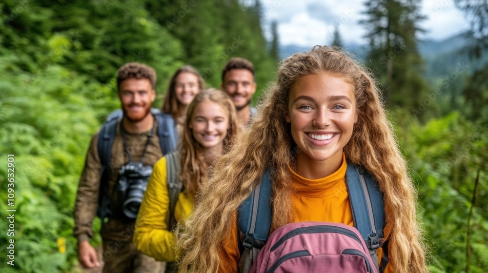group of five young hikers smiles brightly as they trek along a forest trail surrounded by greenery and distant mountains under a clear sky group of five young hikers smiles brightly as they trek along a forest trail surrounded by greenery and distant mountains under a clear sky