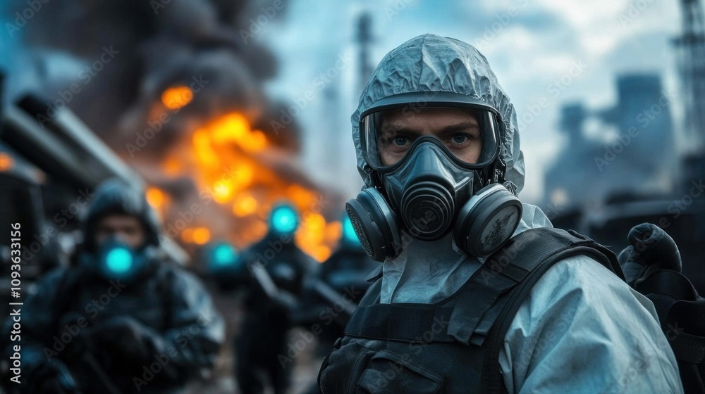 Armed soldiers in protective suits and masks evaluate the aftermath of devastation at an industrial area engulfed in flames during a chaotic situation at dusk Armed soldiers in protective suits and masks evaluate the aftermath of devastation at an industrial area engulfed in flames during a chaotic situation at dusk