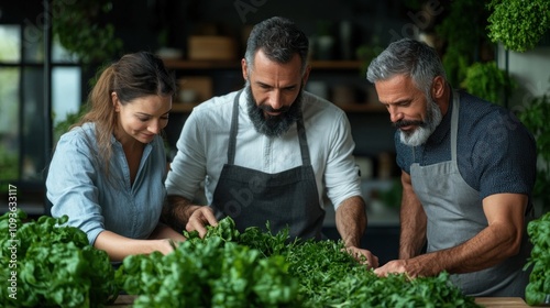 Wallpaper Mural Three individuals work together in a well-lit kitchen, meticulously selecting and arranging fresh greens. atmosphere is warm and collaborative, emphasizing a love for healthy cooking Torontodigital.ca