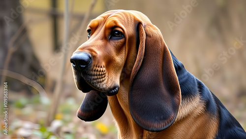 Dog breed bloodhound portrait on nature