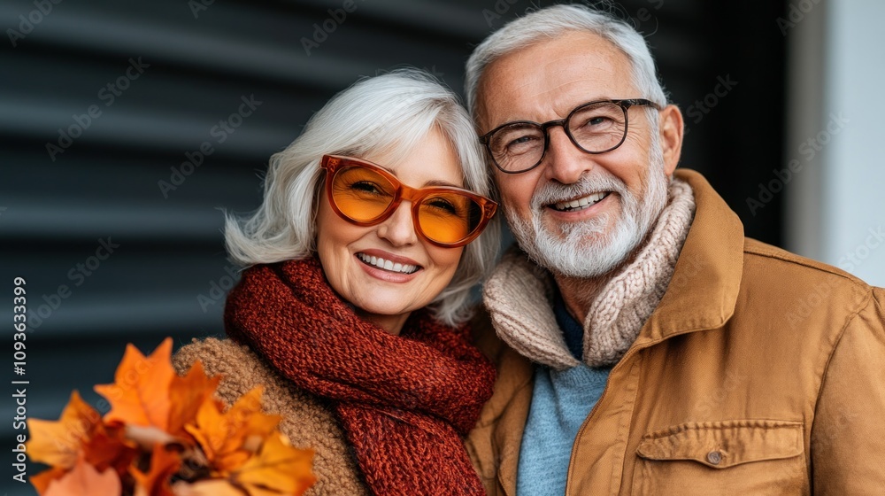 Older couple stands together, smiling warmly in cozy sweaters and scarves, surrounded by vibrant autumn leaves, capturing the joy of the season in a cheerful outdoor setting