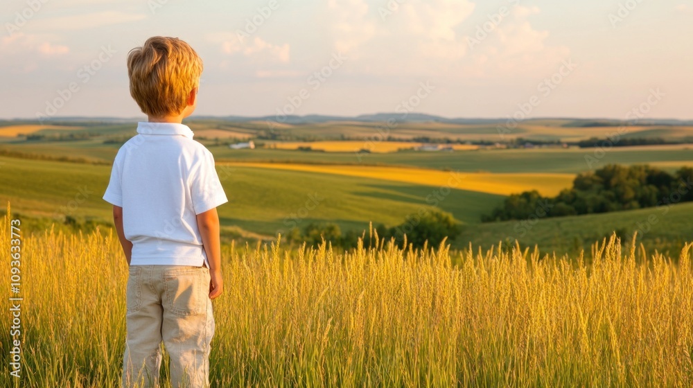A child stands in a golden field, looking out over rolling hills at the vibrant sunset. The peaceful landscape reflects the innocence of youth and the beauty of nature's colors
