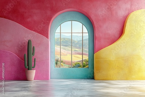 A cactus stands beside a colorful arched window overlooking hills.