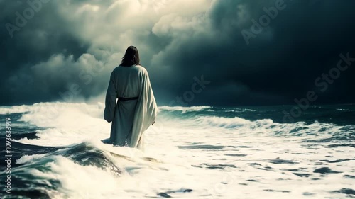 Jesus stands firm at the stormy sea, commanding calmness over nature s turbulence