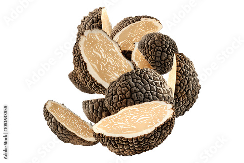 Fresh summer truffles Scorzones isolated on white transparent background, great for culinary and gourmet themes. photo