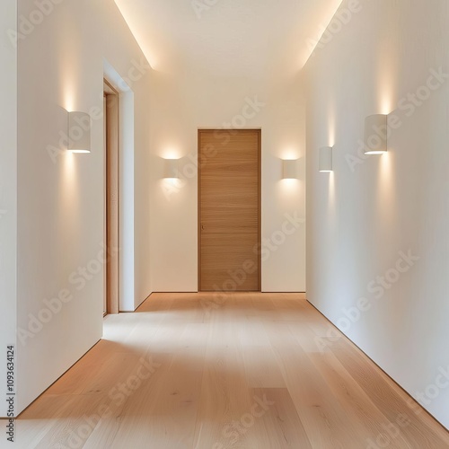 Warm low-intensity wall lights in a hallway, creating a serene path