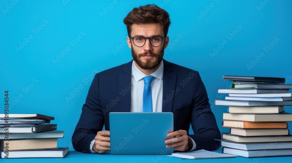 young man with glasses dressed in a blue suit sits at a desk filled with books, holding a tablet and appearing thoughtful in a study area with a vibrant blue backdrop young man with glasses dressed in a blue suit sits at a desk filled with books, holding a tablet and appearing thoughtful in a study area with a vibrant blue backdrop