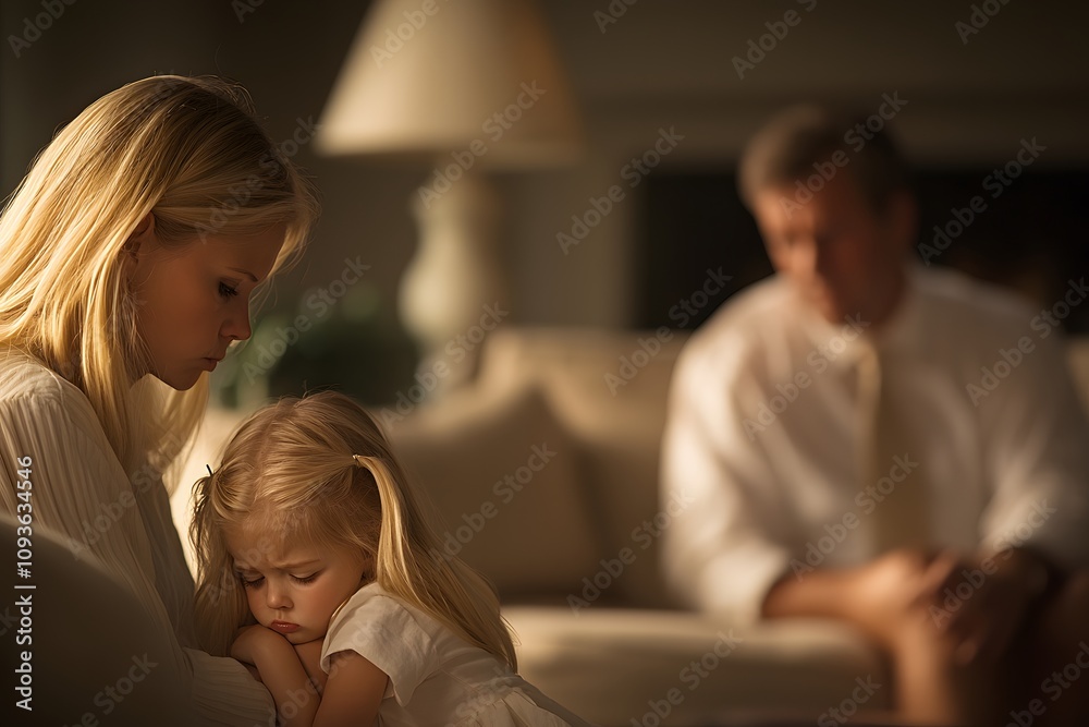 Upset frustrated little girl tired of parent fight, toddler daughter holding toy dreaming that family conflicts would stop, suffering from mother and father quarrels, bad family relationship Upset frustrated little girl tired of parent fight, toddler daughter holding toy dreaming that family conflicts would stop, suffering from mother and father quarrels, bad family relationship