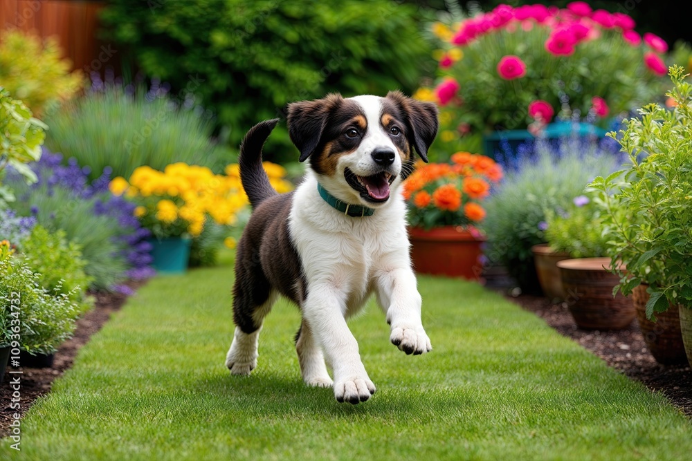 Joyful Puppy Playing in Colorful Garden Setting Joyful Puppy Playing in Colorful Garden Setting