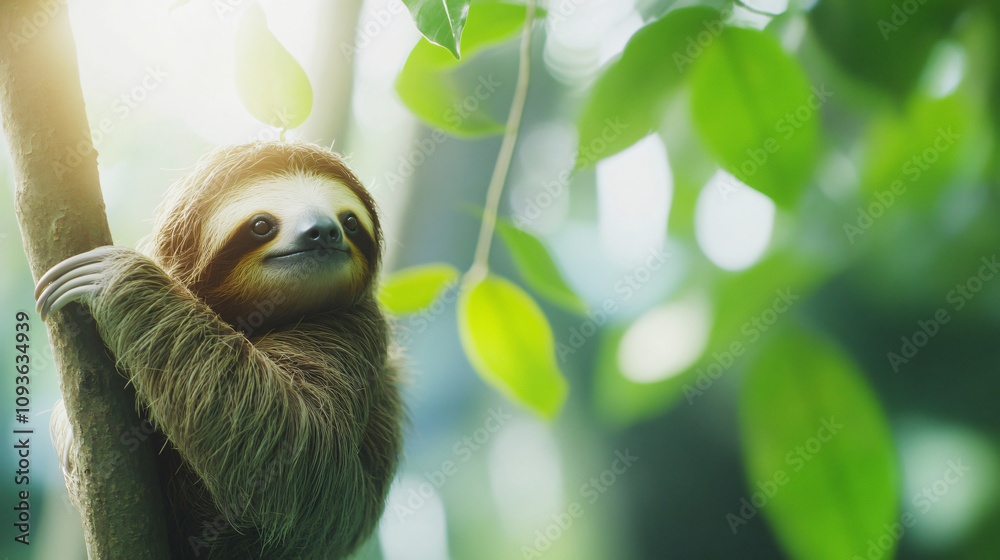 Naklejka premium Close-up of a baby sloth holding onto a branch in a lush green rainforest environment