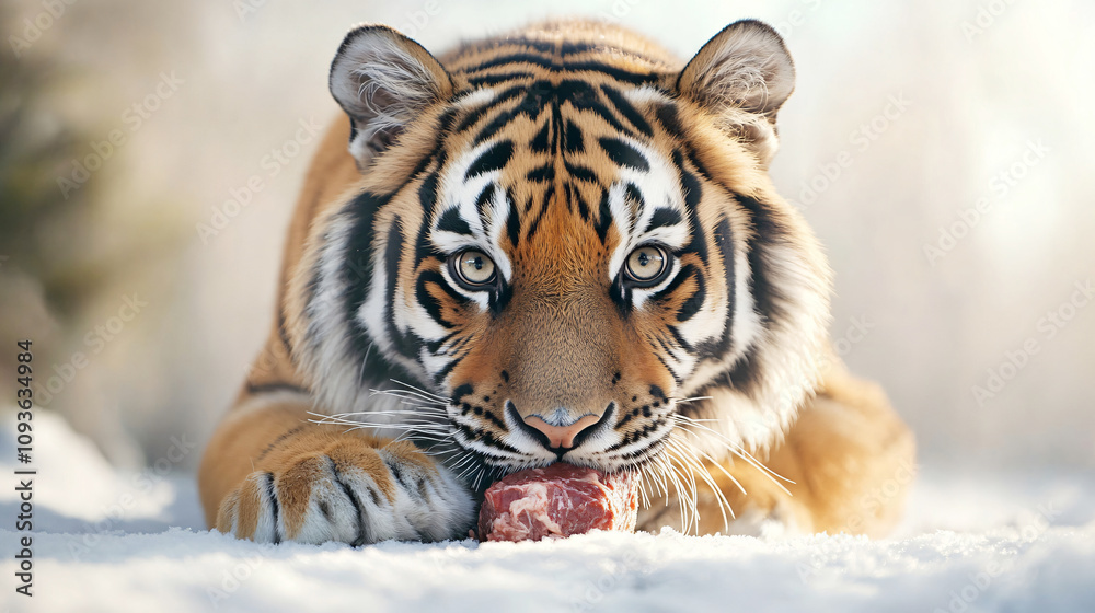 Intense siberian tiger devouring meat in the snow, highlighting its fierce glare and formidable aura Intense siberian tiger devouring meat in the snow, highlighting its fierce glare and formidable aura